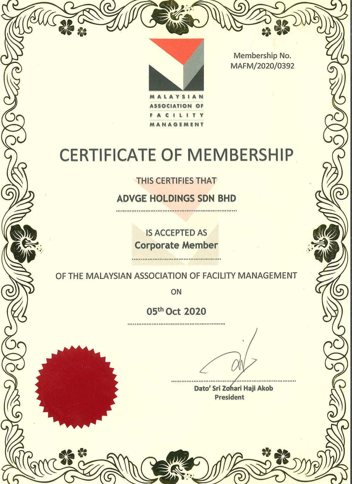 MAFM Certificate of Mmbership 2020