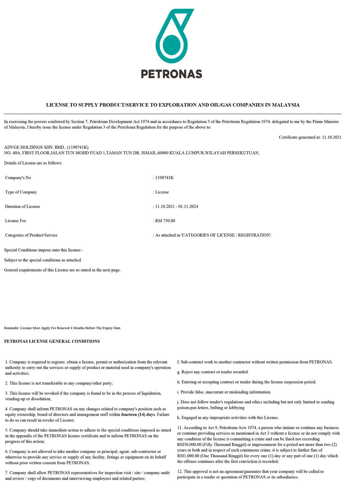 Petronas License 2021-2024